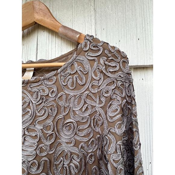 Sundance Pure Elegance Applique Shift Dress Tan Gray w/ Slip Long Sleeve Size PS - Picture 2 of 9